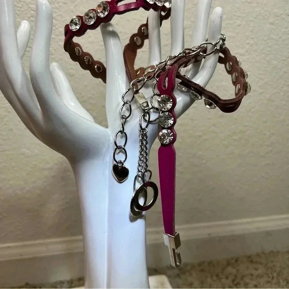 Teen Girl Rhinestone Belt Fuchsia Leather Chainlink Extension Silver Tone Belt - Picture 5 of 12